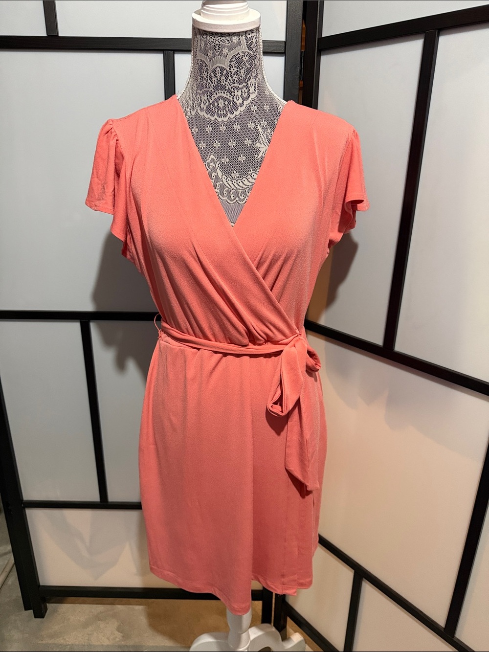 Nine West Coral-Pink Wrap Mini Dress with Tie Waist